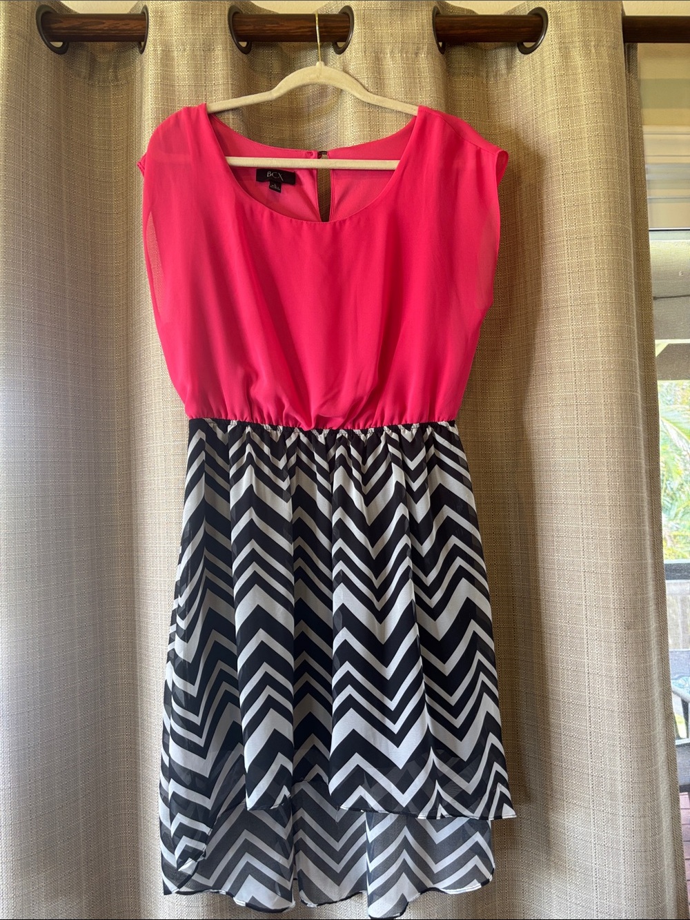 ⭐️BCX Hot Pink Sleeveless Dress high low sheer chevron skirt with lining size L